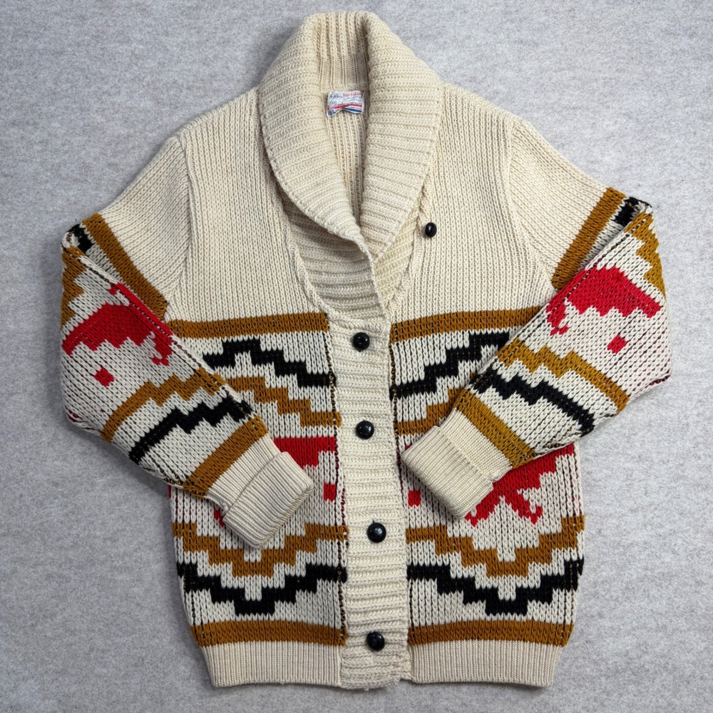 Vintage Pendleton Thunderbird Shawl Cardigan Sweater Wool Western Mens 44 Cream